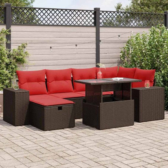 7-teiliges Gartensofa-Set mit Kissen, schwarzes Polyrattan