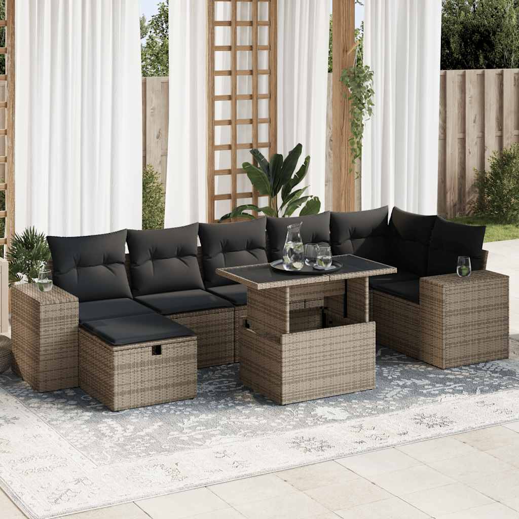 8-tlg. Garten-Sofagarnitur mit Kissen Schwarz Poly Rattan