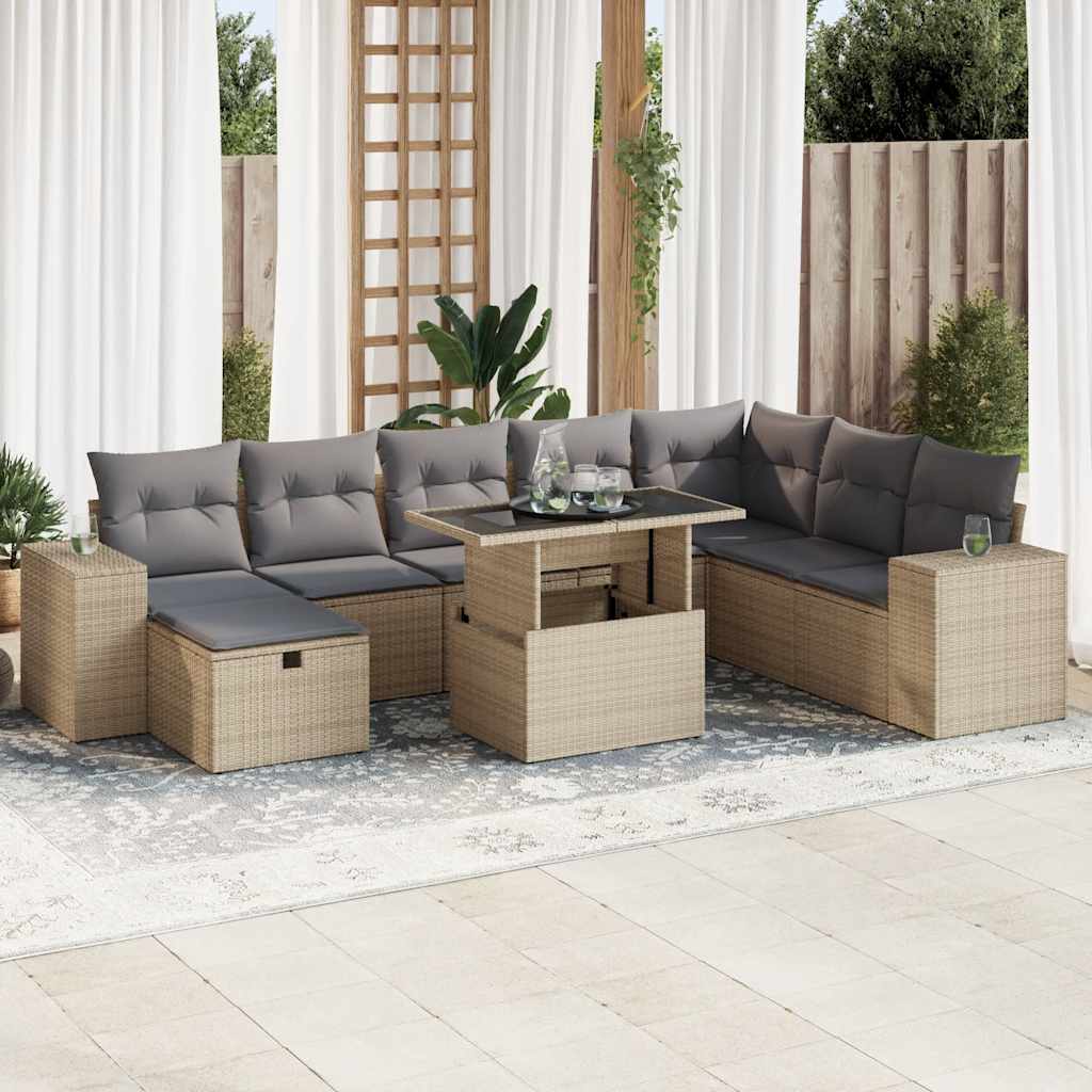 9-tlg. Garten-Sofagarnitur mit Kissen Schwarz Poly Rattan