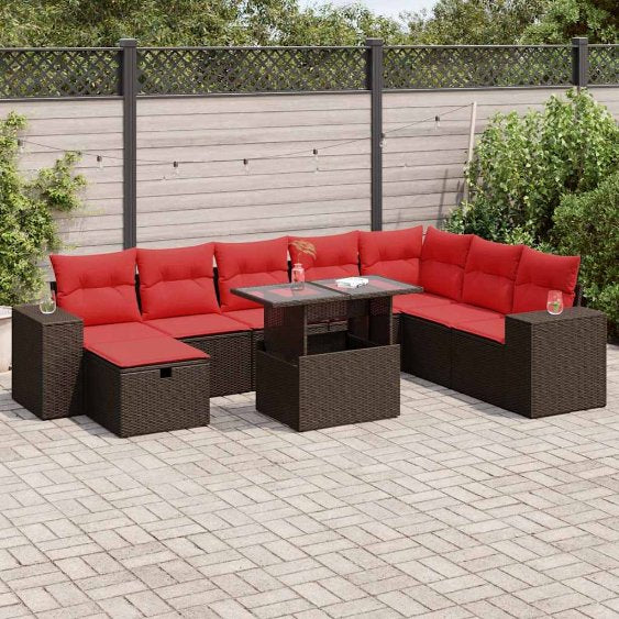 9-teiliges Gartensofa-Set mit Kissen, schwarzes Polyrattan