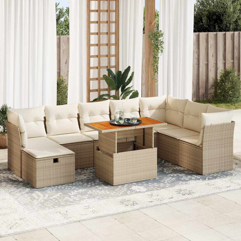 9-tlg. Garten-Sofagarnitur mit Kissen Schwarz Poly Rattan