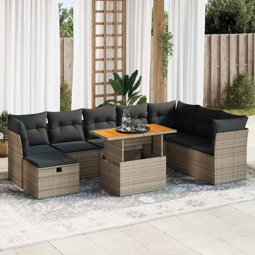 9-tlg. Garten-Sofagarnitur mit Kissen Schwarz Poly Rattan