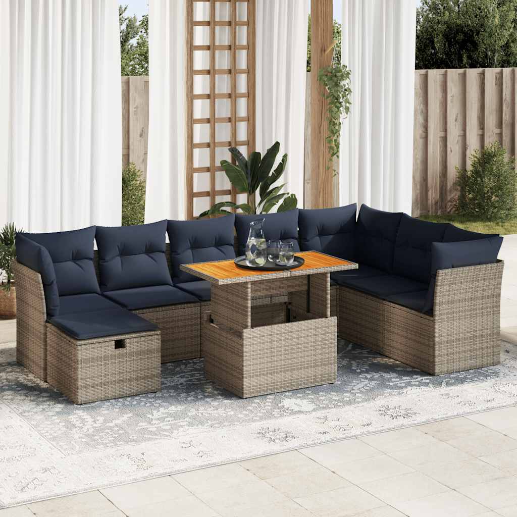 9-tlg. Garten-Sofagarnitur mit Kissen Schwarz Poly Rattan