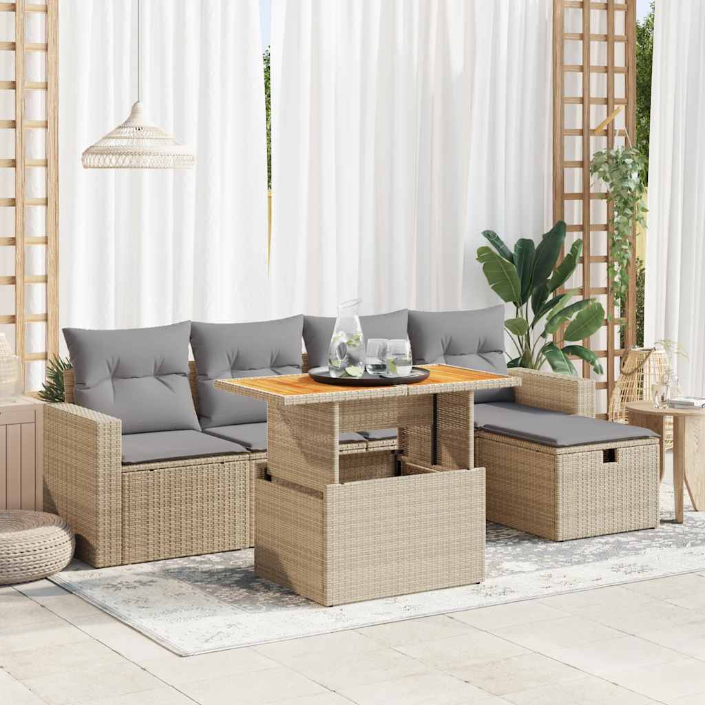 6-tlg. Garten-Sofagarnitur mit Kissen Schwarz Poly Rattan