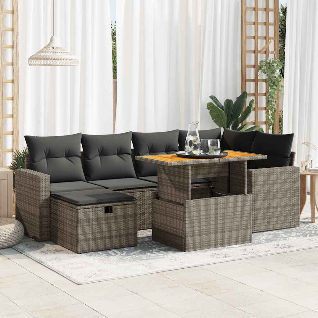 7-tlg. Garten-Sofagarnitur mit Kissen Schwarz Poly Rattan