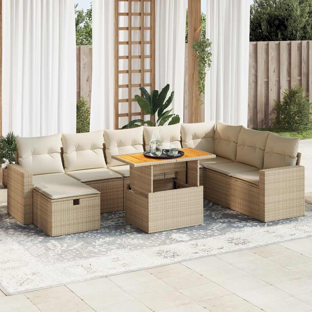 9-tlg. Garten-Sofagarnitur mit Kissen Schwarz Poly Rattan