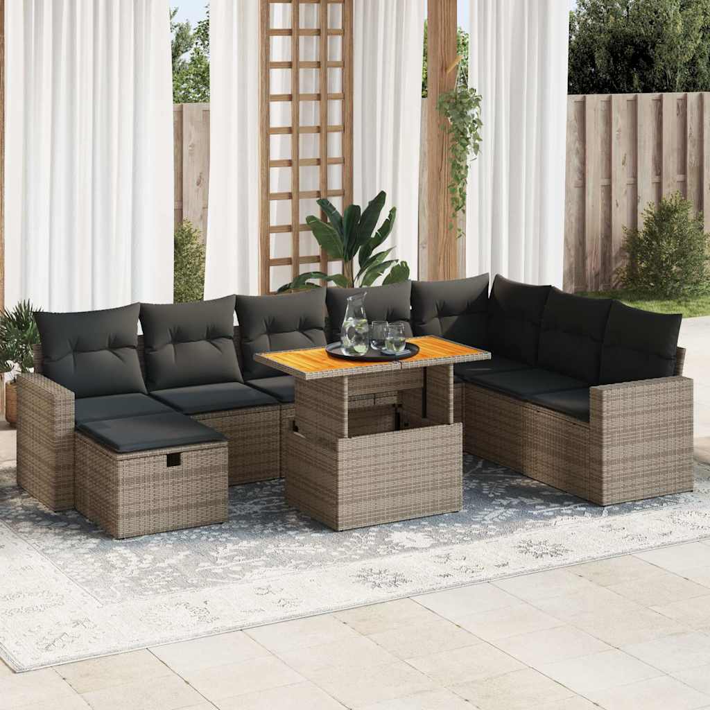9-tlg. Garten-Sofagarnitur mit Kissen Schwarz Poly Rattan