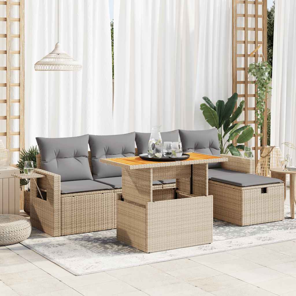 6-tlg. Garten-Sofagarnitur mit Kissen Schwarz Poly Rattan