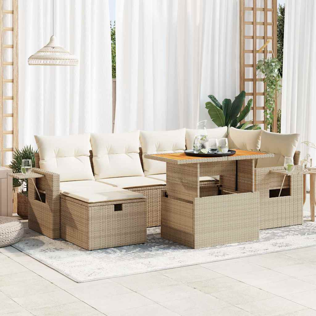 7-tlg. Garten-Sofagarnitur mit Kissen Schwarz Poly Rattan