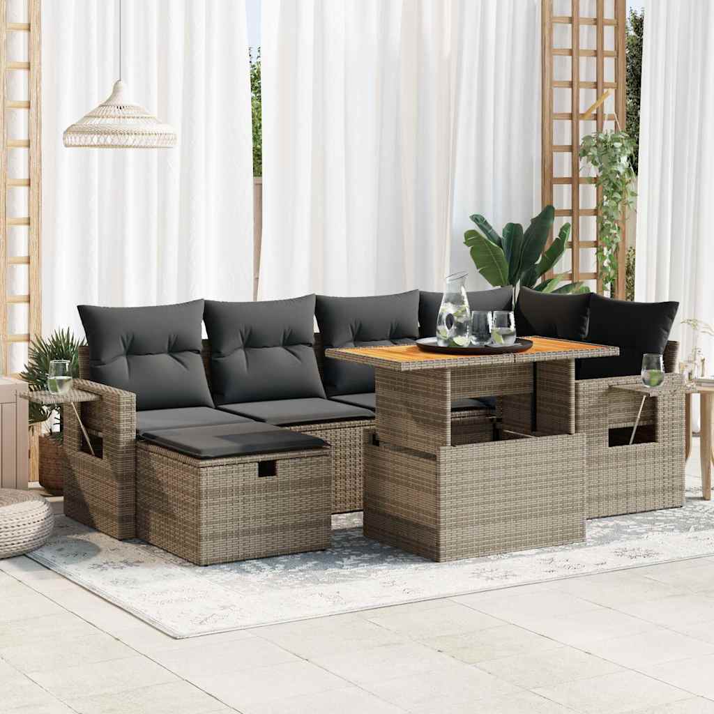 7-tlg. Garten-Sofagarnitur mit Kissen Schwarz Poly Rattan
