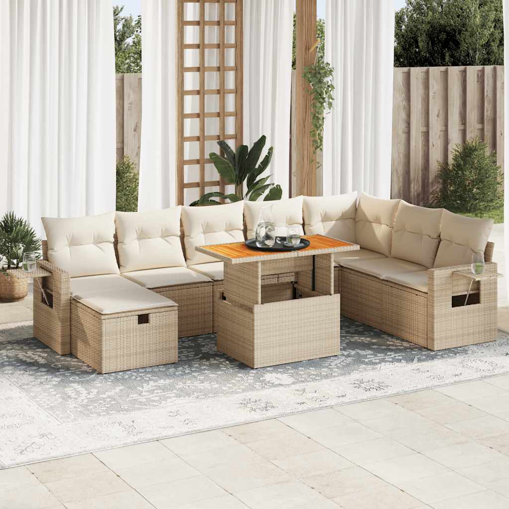 9-tlg. Garten-Sofagarnitur mit Kissen Schwarz Poly Rattan