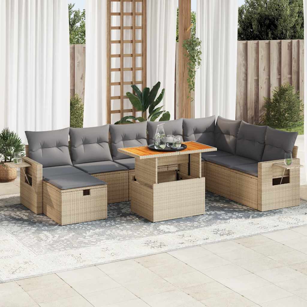 9-tlg. Garten-Sofagarnitur mit Kissen Schwarz Poly Rattan