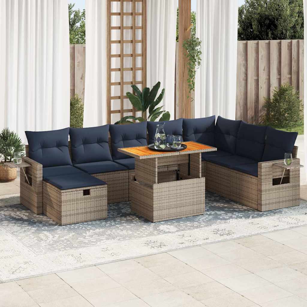 9-tlg. Garten-Sofagarnitur mit Kissen Schwarz Poly Rattan