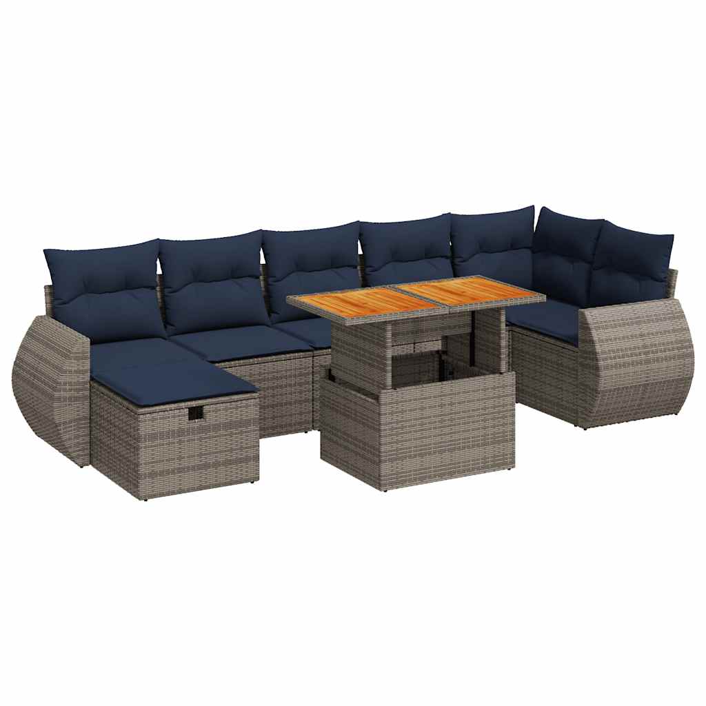 8-tlg. Garten-Sofagarnitur mit Kissen Grau Poly Rattan Akazie