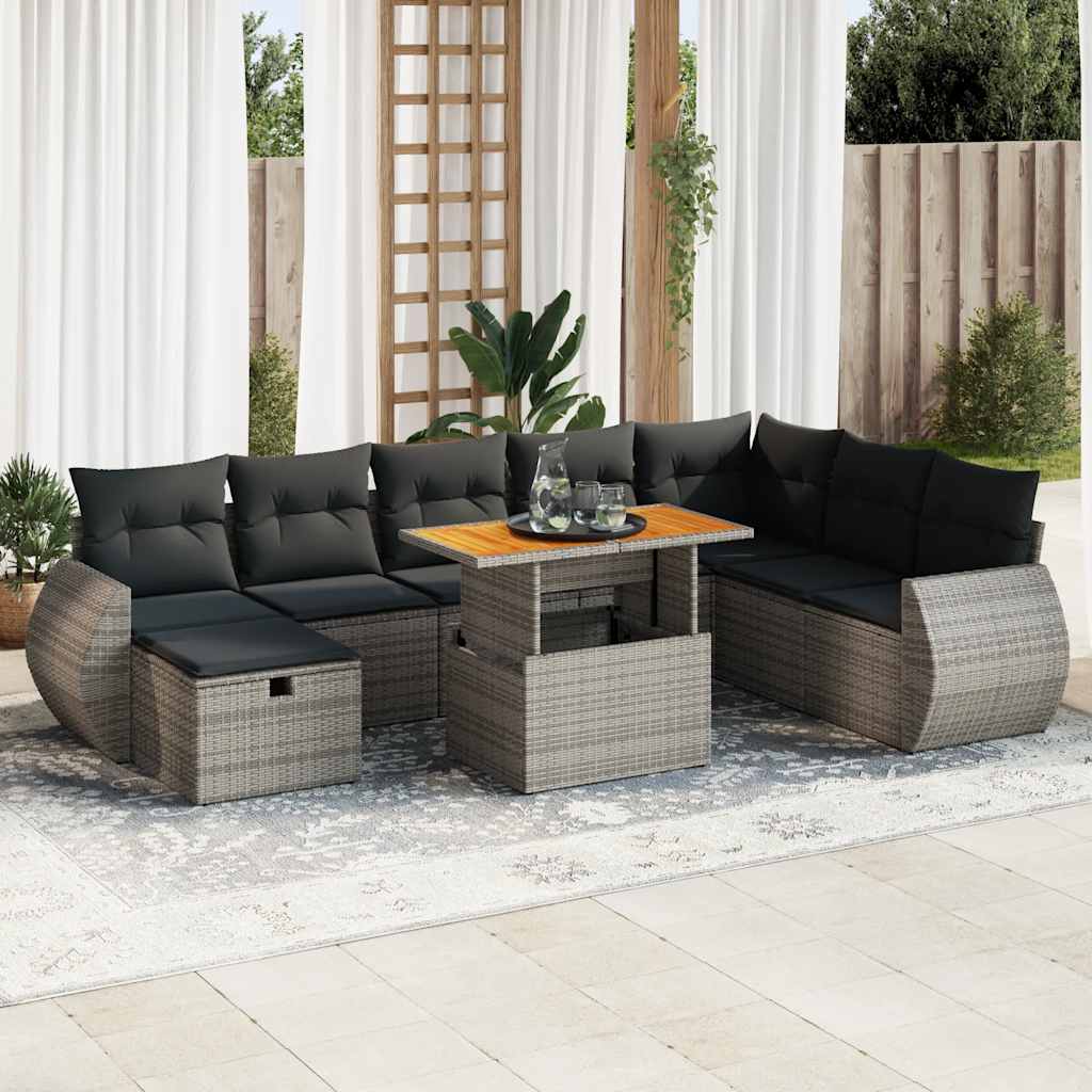 9-tlg. Garten-Sofagarnitur mit Kissen Schwarz Poly Rattan