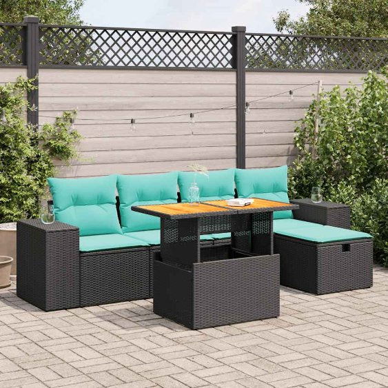 6-tlg. Garten-Sofagarnitur mit Kissen Schwarz Poly Rattan