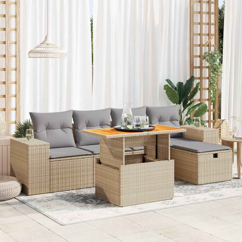 6-tlg. Garten-Sofagarnitur mit Kissen Schwarz Poly Rattan