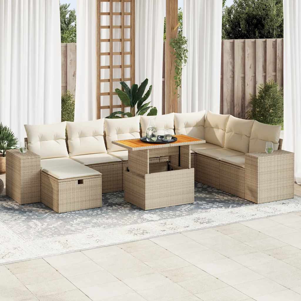 9-tlg. Garten-Sofagarnitur mit Kissen Schwarz Poly Rattan