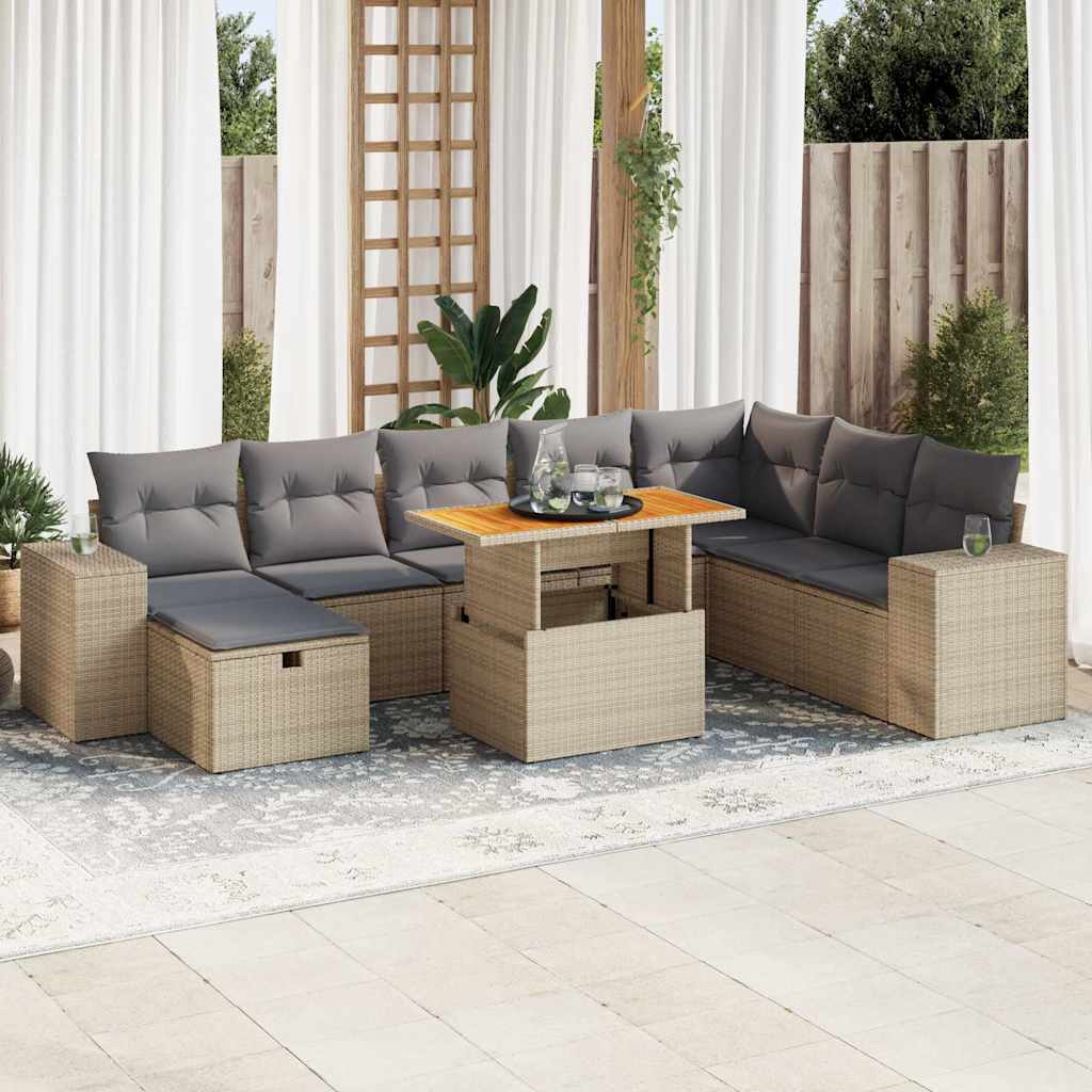 9-tlg. Garten-Sofagarnitur mit Kissen Schwarz Poly Rattan