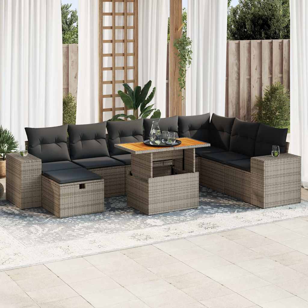 9-tlg. Garten-Sofagarnitur mit Kissen Schwarz Poly Rattan