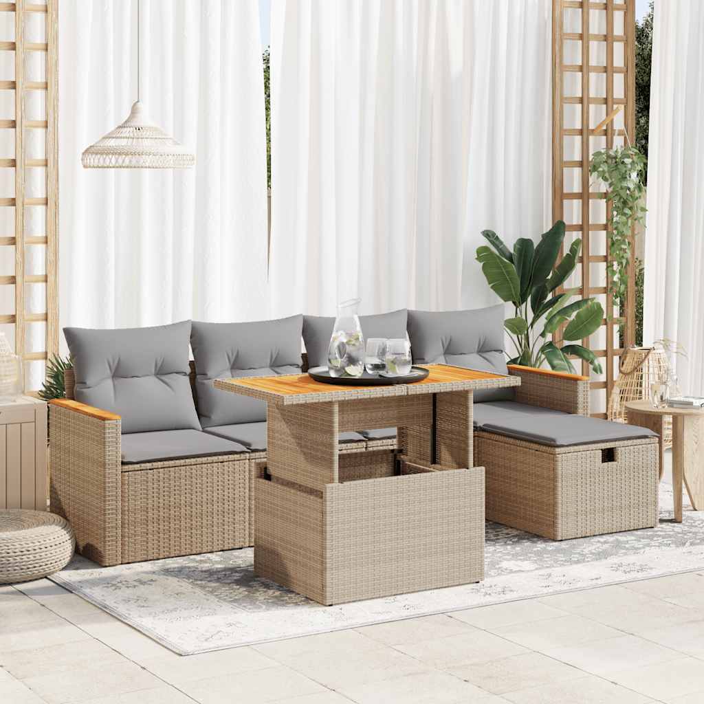 6-tlg. Garten-Sofagarnitur mit Kissen Schwarz Poly Rattan