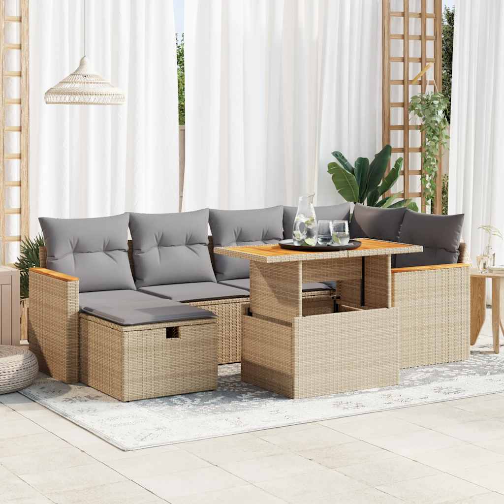 7-tlg. Garten-Sofagarnitur mit Kissen Schwarz Poly Rattan