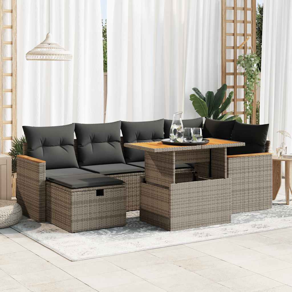 7-tlg. Garten-Sofagarnitur mit Kissen Schwarz Poly Rattan