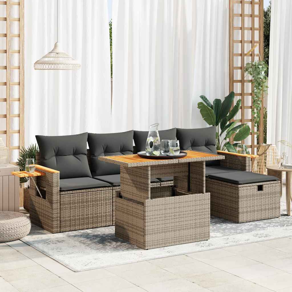 6-tlg. Garten-Sofagarnitur mit Kissen Schwarz Poly Rattan