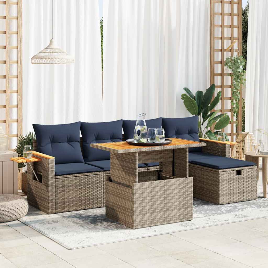 6-tlg. Garten-Sofagarnitur mit Kissen Schwarz Poly Rattan