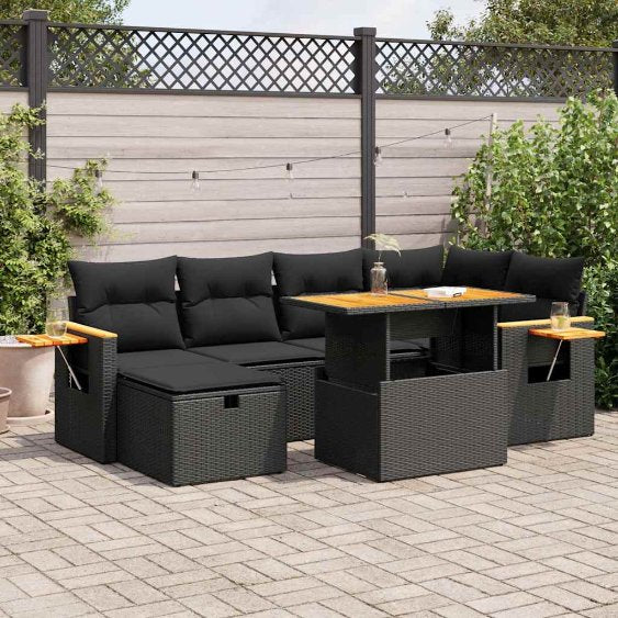 7-tlg. Garten-Sofagarnitur mit Kissen Schwarz Poly Rattan