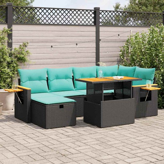 7-tlg. Garten-Sofagarnitur mit Kissen Schwarz Poly Rattan