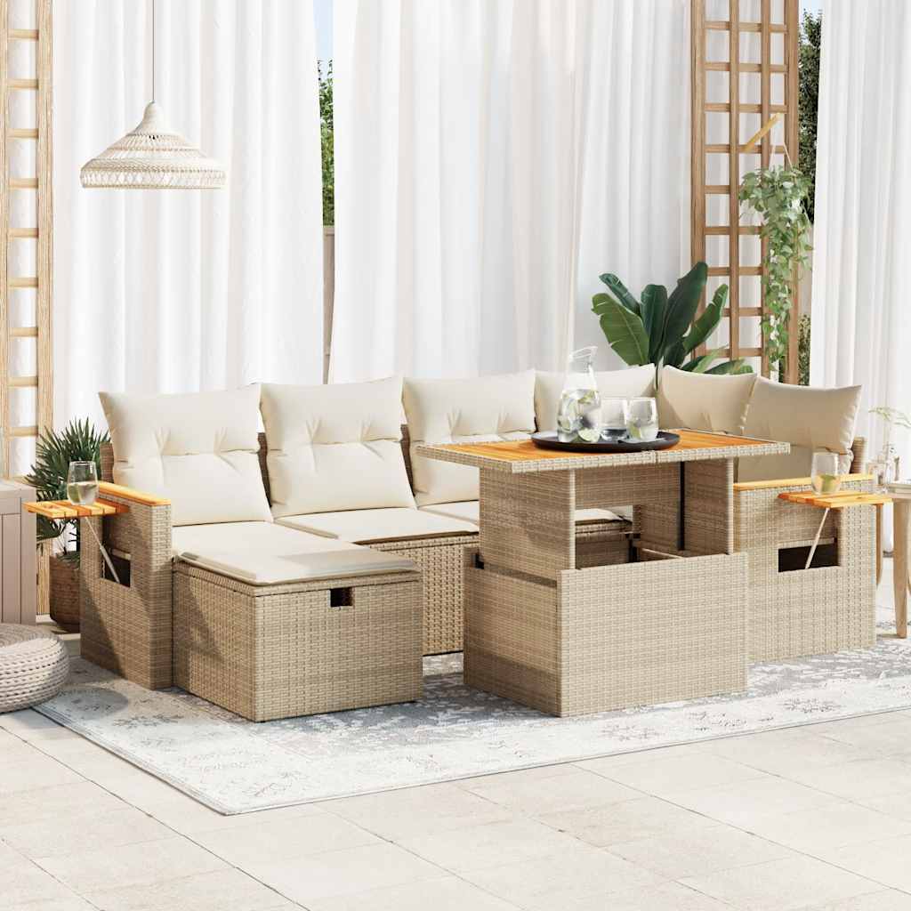 7-tlg. Garten-Sofagarnitur mit Kissen Schwarz Poly Rattan