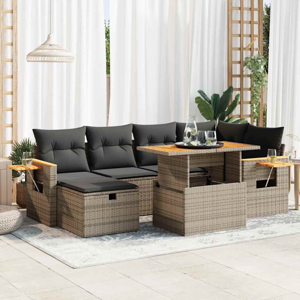 7-tlg. Garten-Sofagarnitur mit Kissen Schwarz Poly Rattan