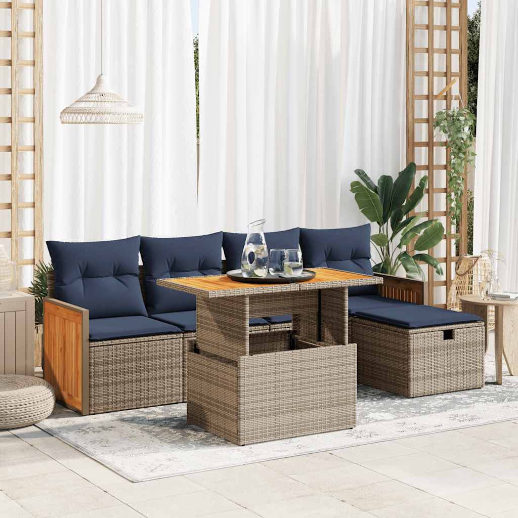 6-tlg. Garten-Sofagarnitur mit Kissen Schwarz Poly Rattan