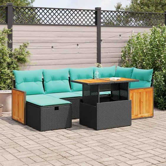 7-tlg. Garten-Sofagarnitur mit Kissen Schwarz Poly Rattan