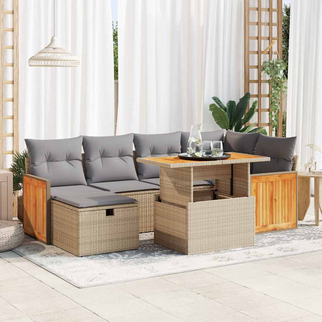 7-tlg. Garten-Sofagarnitur mit Kissen Schwarz Poly Rattan