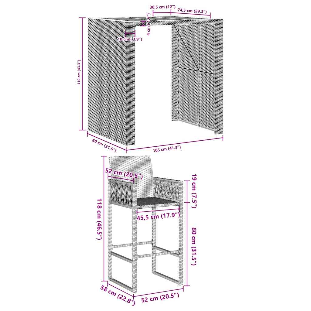 3-tlg. Gartenbar-Set ohne Kissen Schwarz Poly Rattan Akazie