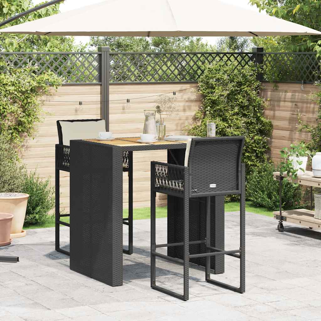 3-tlg. Gartenbar-Set mit Kissen Schwarz Poly Rattan Akazie