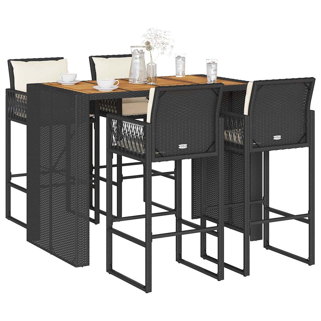 3-tlg. Gartenbar-Set mit Kissen Schwarz Poly Rattan Akazie