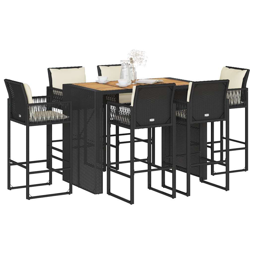 3-tlg. Gartenbar-Set mit Kissen Schwarz Poly Rattan Akazie