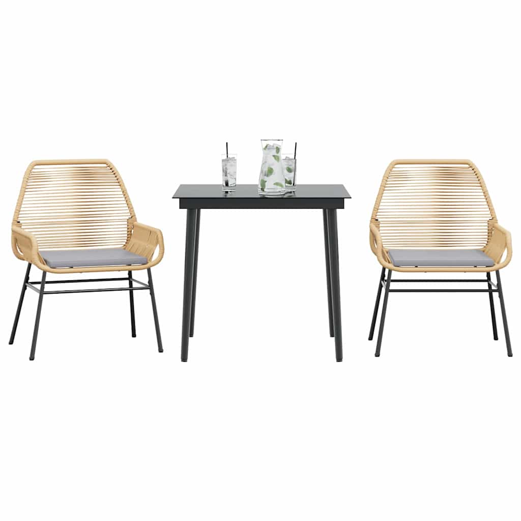 3-tlg. Garten-Essgruppe mit Kissen Schwarz Poly Rattan Glas