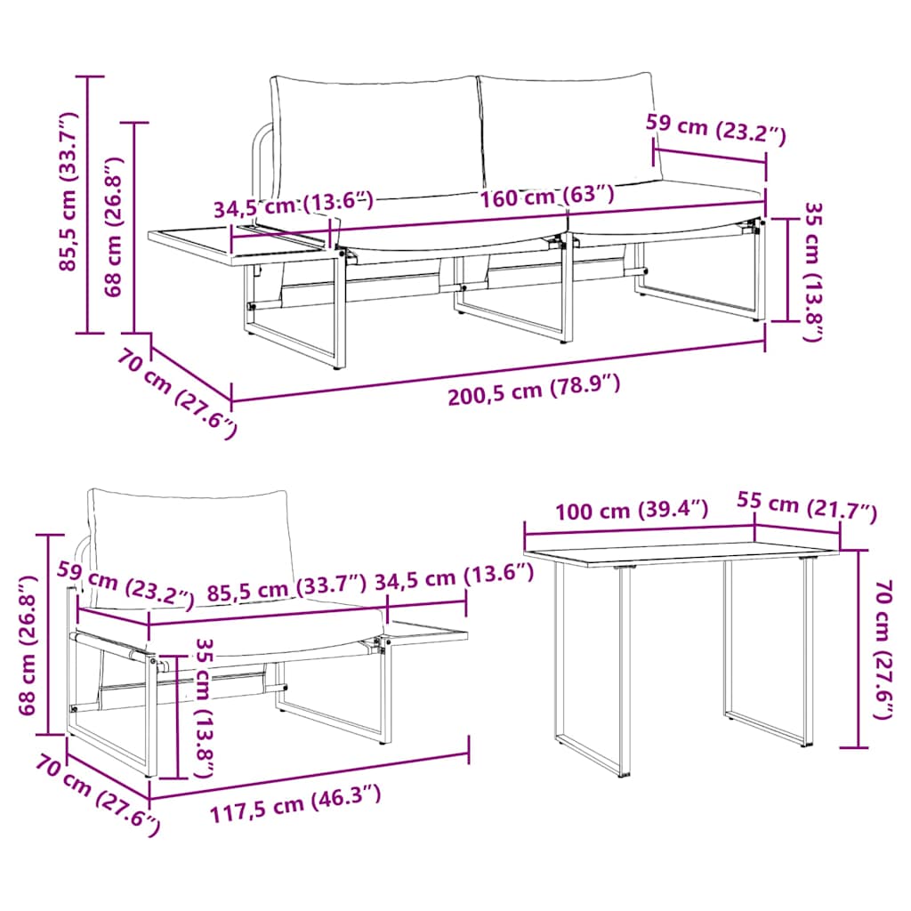 Garten Essgruppe 3 pcs Anthrazit Stahl