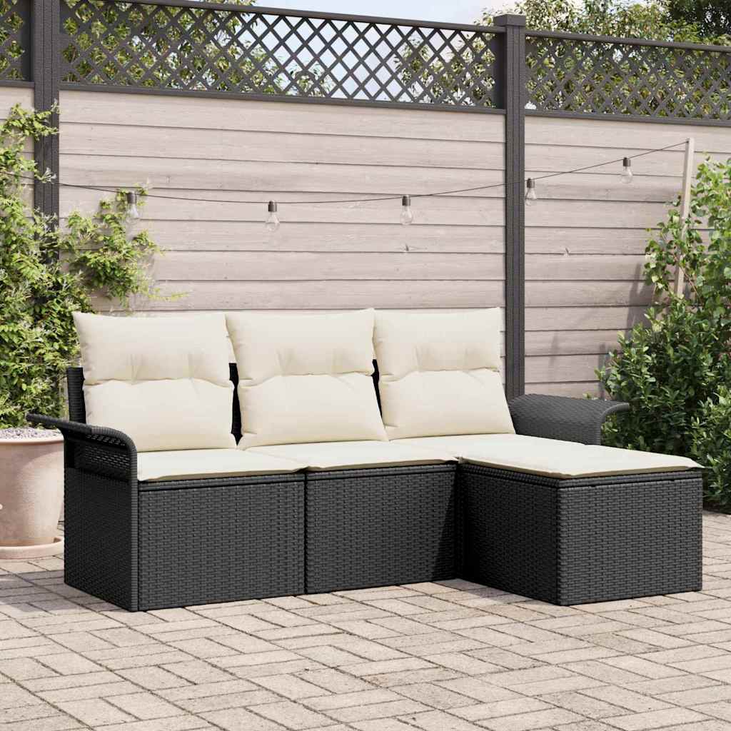 Sofa Set mit Kissen 4 pcs Schwarz und Creme Poly-Rattan