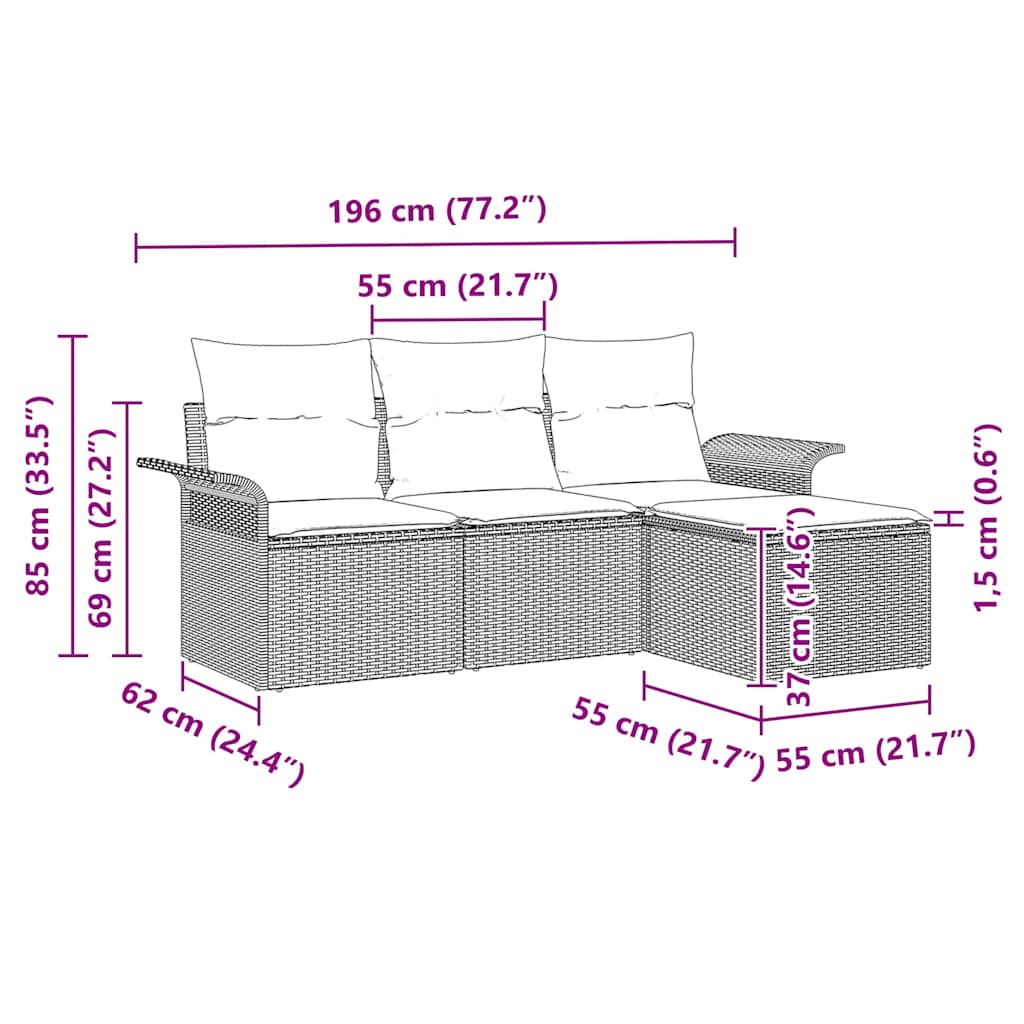 Sofa Set mit Kissen 4 pcs Schwarz und Creme Poly-Rattan