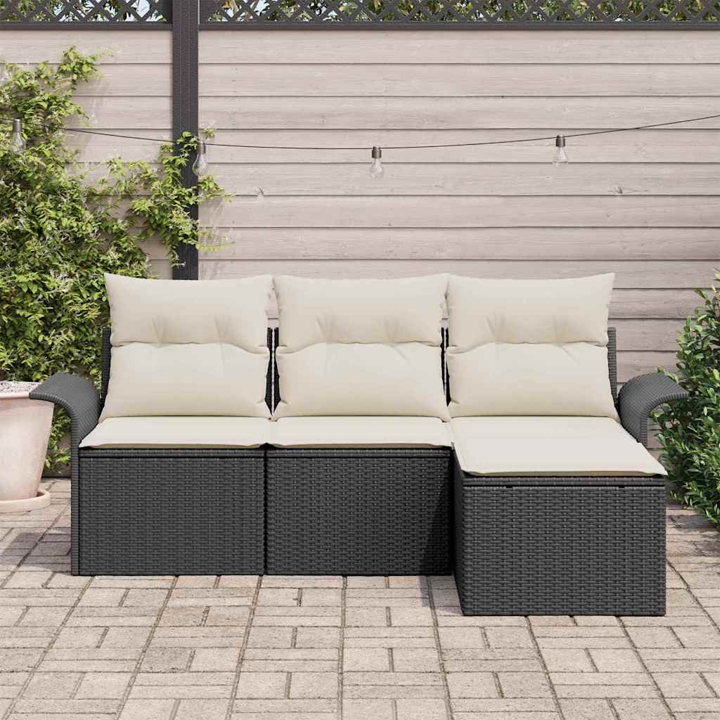 Sofa Set mit Kissen 4 pcs Schwarz und Creme Poly-Rattan