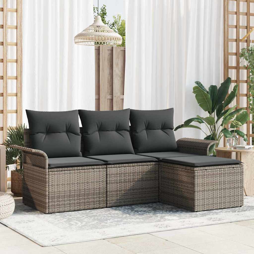 Sofa Set mit Kissen 4 pcs Schwarz und Creme Poly-Rattan