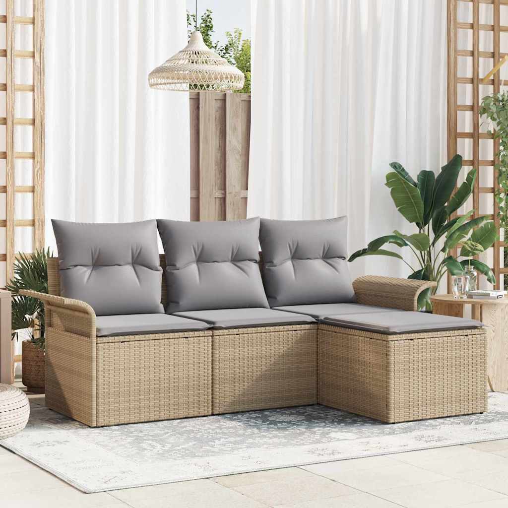 Sofa Set mit Kissen 4 pcs Schwarz und Creme Poly-Rattan