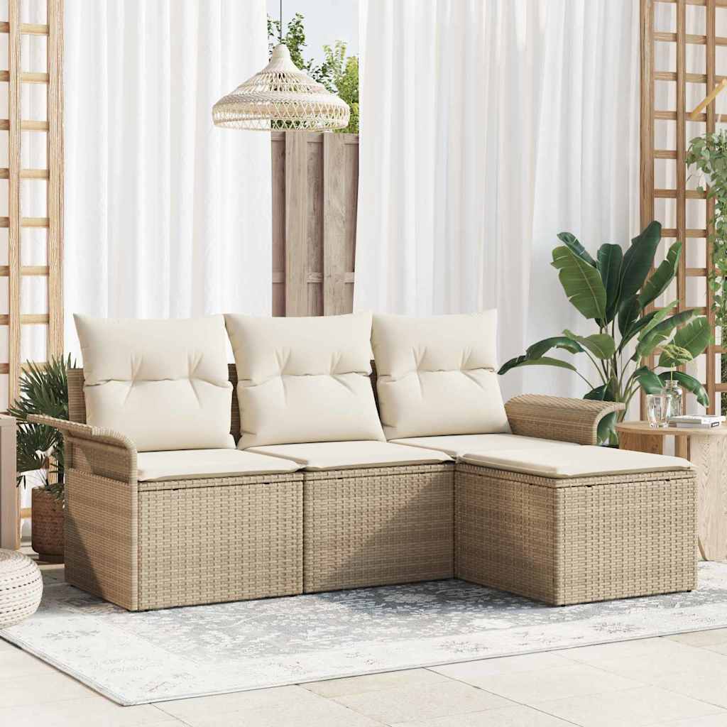 Sofa Set mit Kissen 4 pcs Schwarz und Creme Poly-Rattan