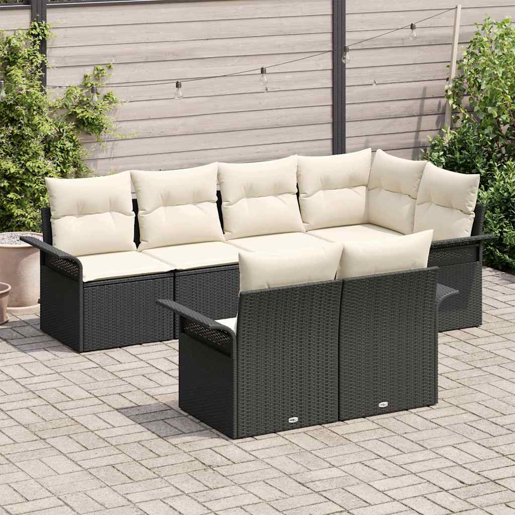 Gartensofa-set mit Kissen 7 pcs Schwarz Poly-Rattan