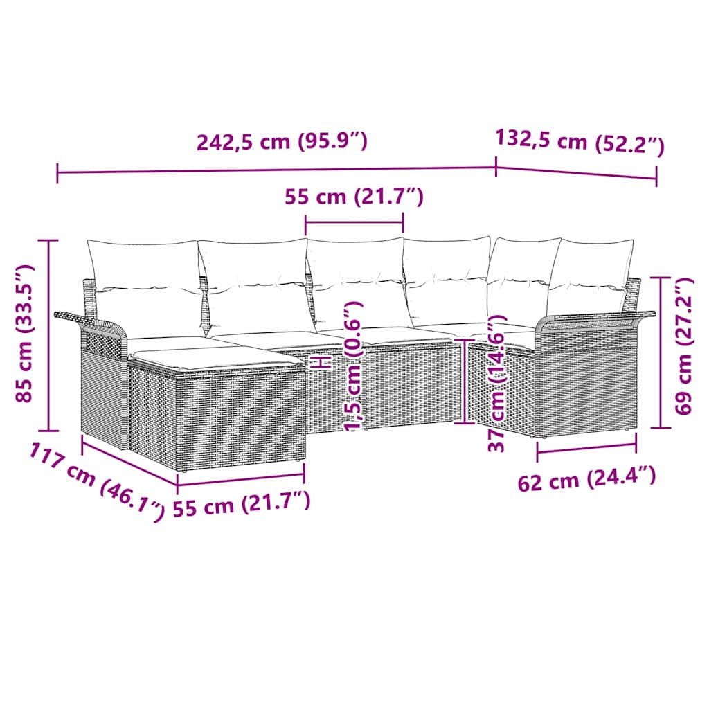 Gartensofa-set mit Kissen 6 pcs Schwarz Poly-Rattan